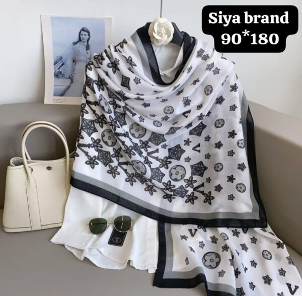Premium  Viscose Printed Stoles Long Hijab Black And White With Flower Full Size